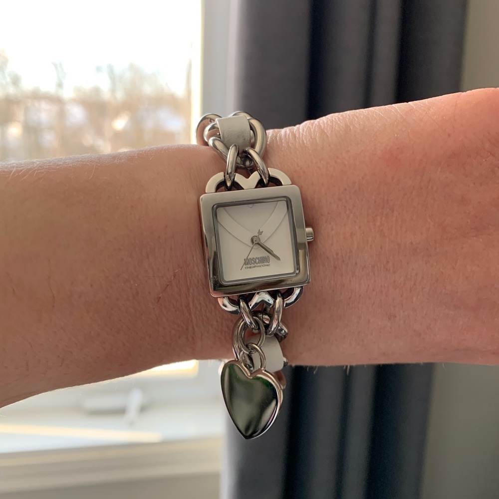 Moschino Silver Chain-Link Bracelet Watch w/ Heart Charm